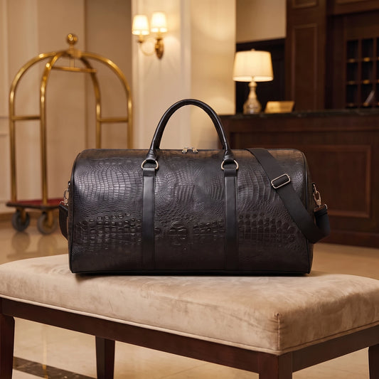 Crocodile textured weekender duffel bag in black