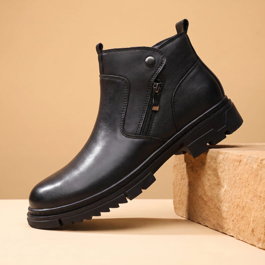 SHARP ZIP ANKLE BOOTS black leather high-top side-zip boot on a warm sandstone block
