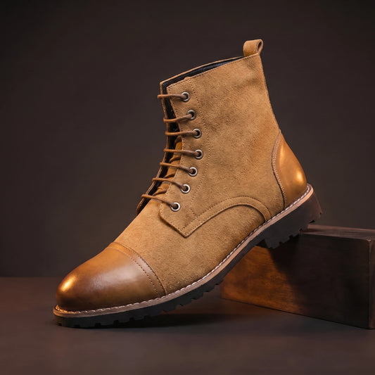 Brown glossy leather lace-up ankle boots for men
