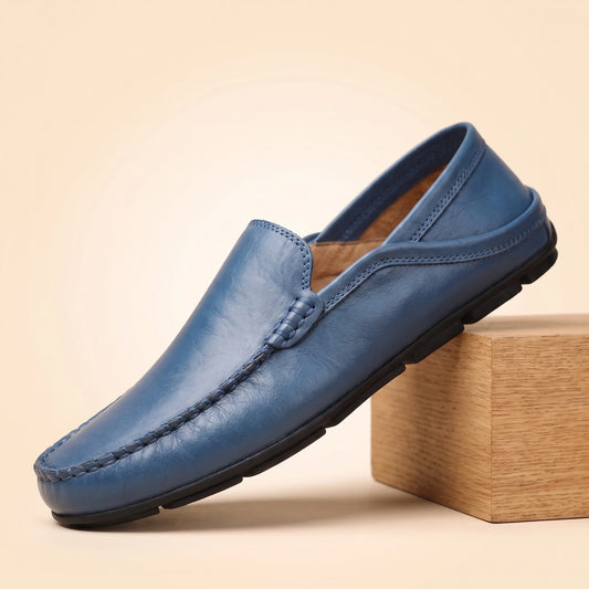 Blue leather slip-on moccasin loafer