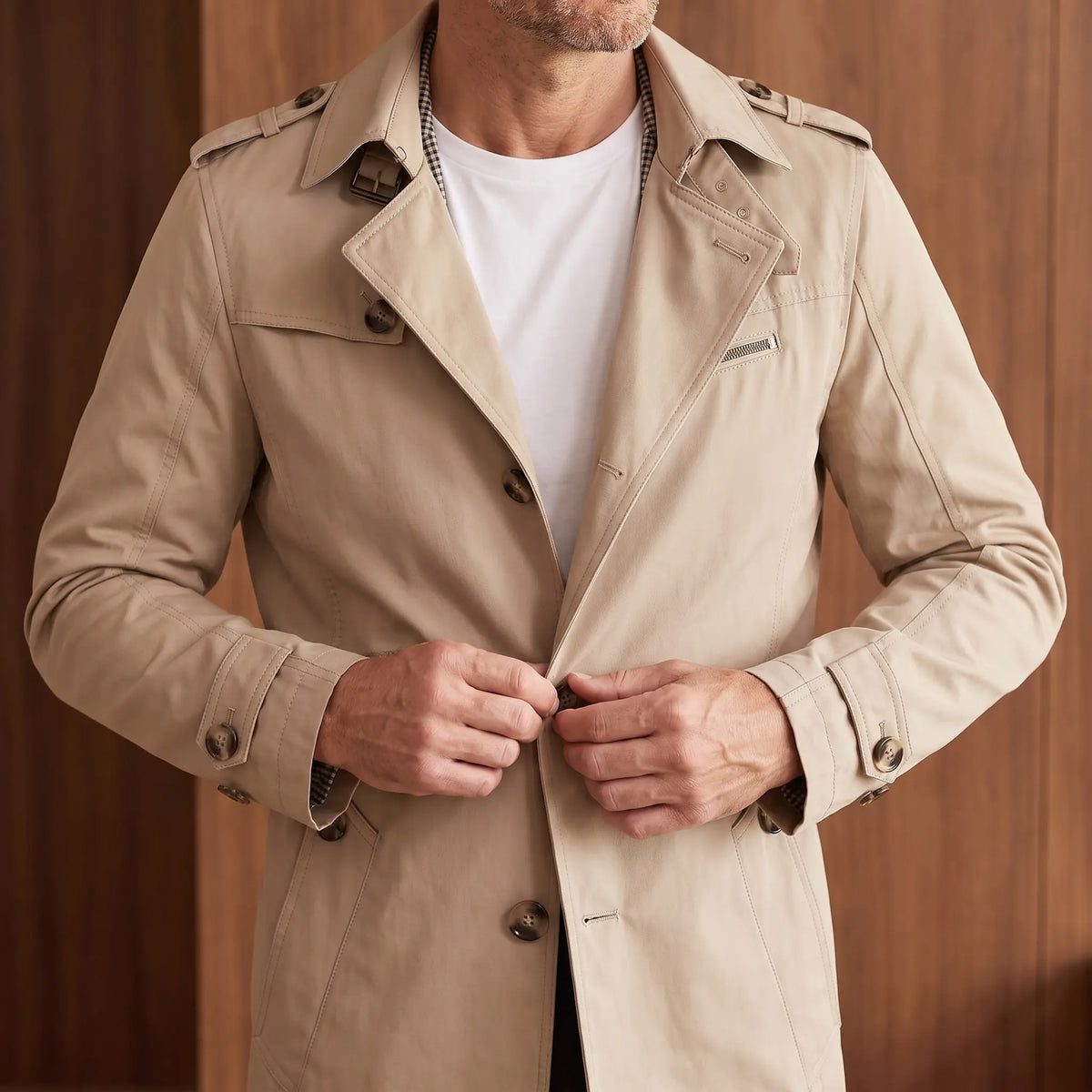 Jacket worn and being fastened