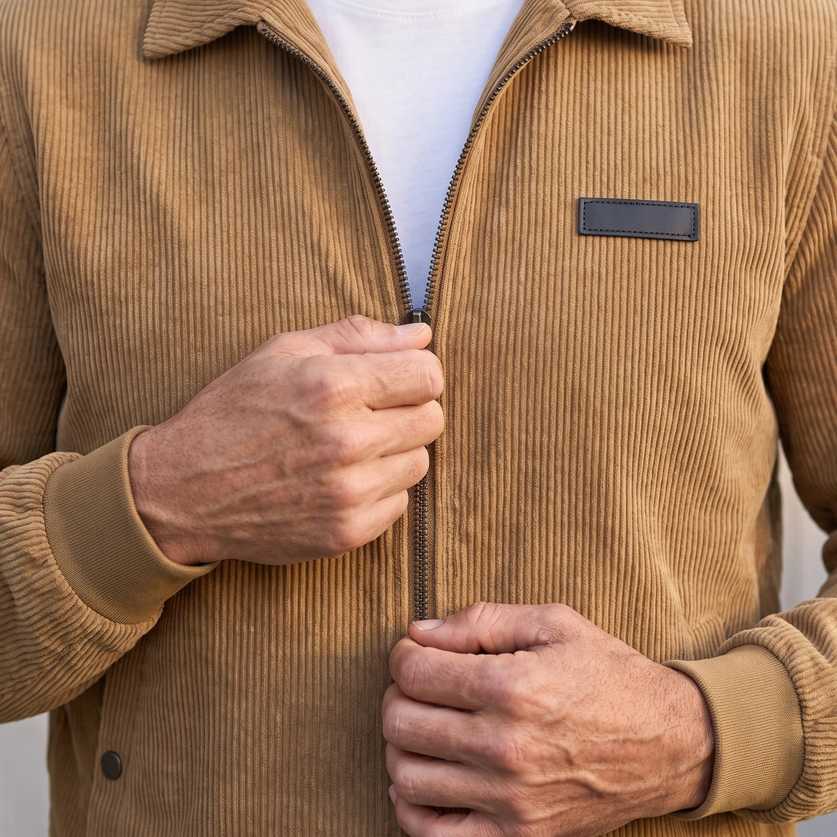 Man zipping up the khaki corduroy Harrington jacket, close view of the front zip