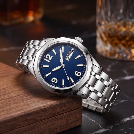 APPLIED NUMERAL WATCH in Silver Blue - steel automatic watch with royal blue dial, applied 12 9 6 numerals and day-date window