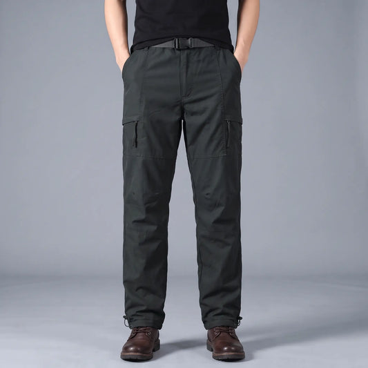 BELTED OUTDOOR TROUSERS in black, men's fleece-lined straight-leg outdoor trousers with webbing belt