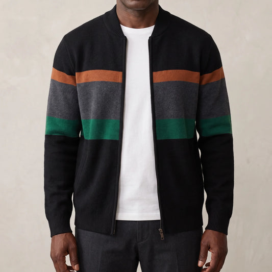 Black men's knit zip cardigan with orange, grey and green chest stripes and baseball collar, worn open