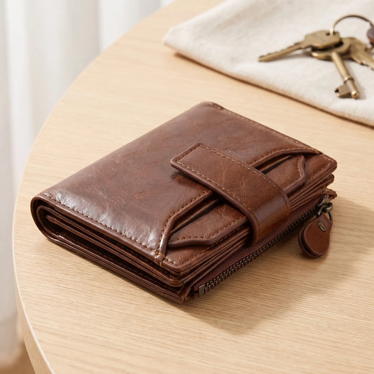 Men's brown strap tab bifold wallet with zip coin pocket on an oak table