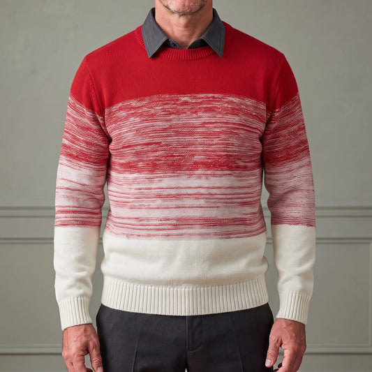Red men's ombre knit sweater with built-in dark grey shirt collar, worn