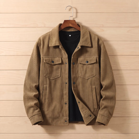 Corduroy chore jacket in brown on a hanger