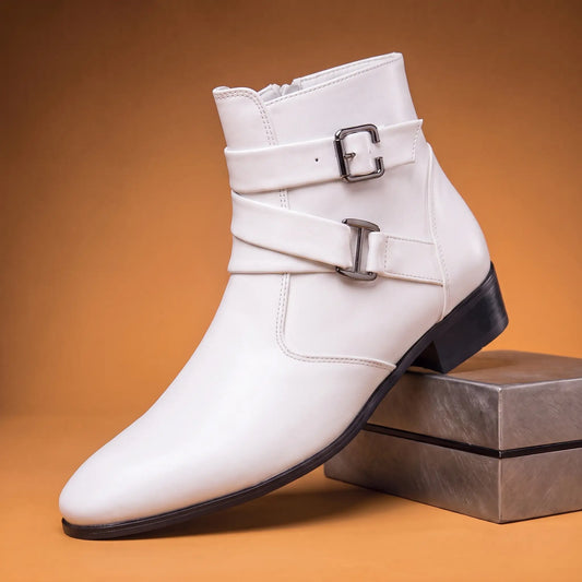 White mens pointed toe ankle boot with crossed straps twin square buckles and side zip