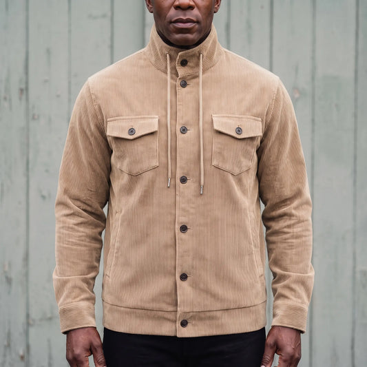 Men's beige corduroy button-front jacket with drawcord stand collar and chest pockets