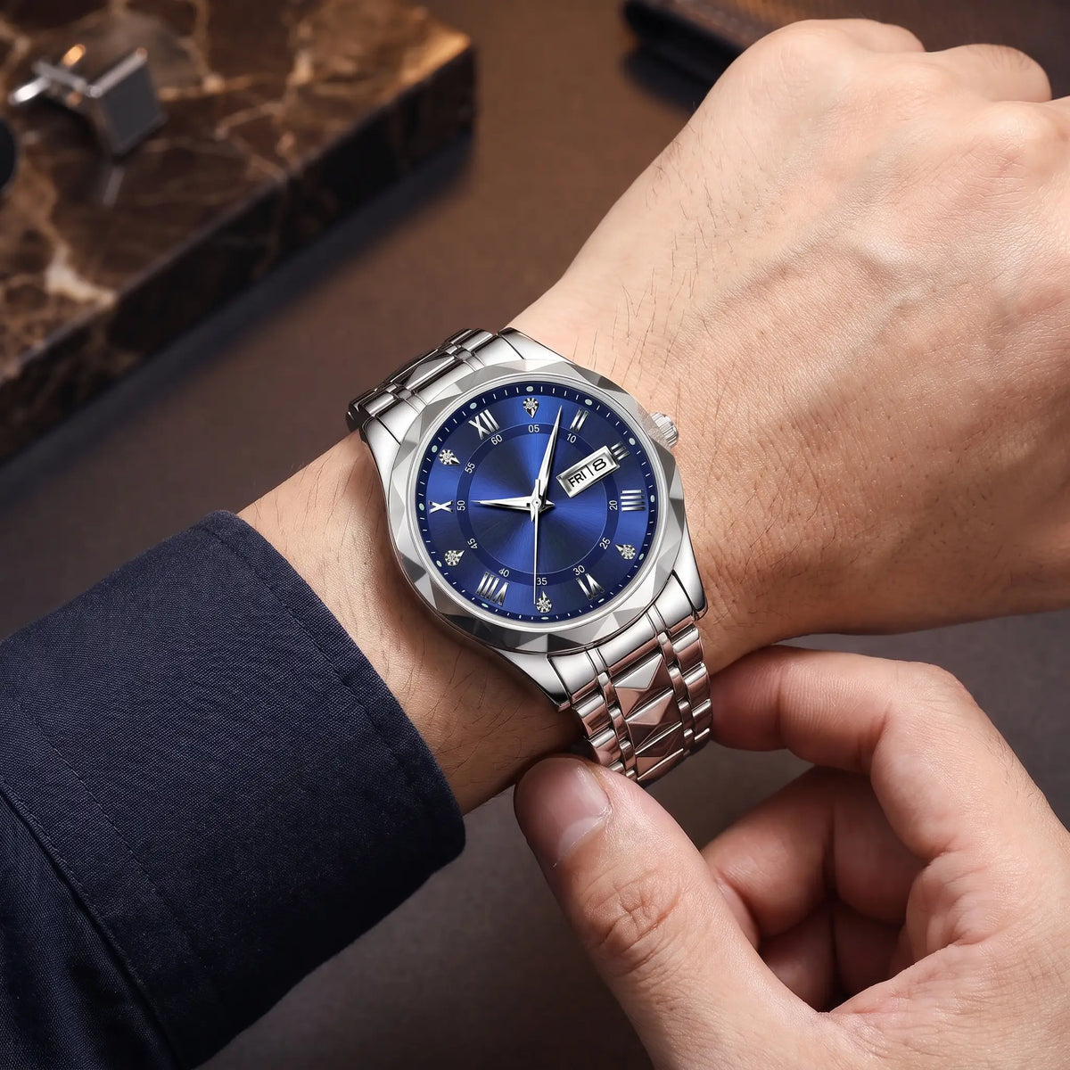 Faceted Bezel Watch in Silver Blue worn on the wrist