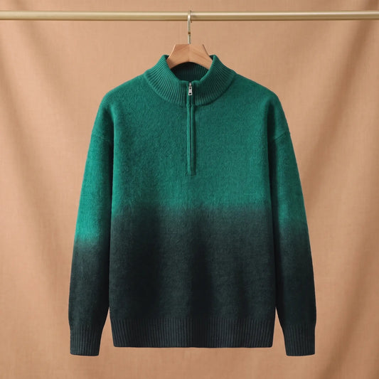 GRADIENT HALF-ZIP SWEATER Green - Green ombre half-zip knit sweater for men on a wooden hanger