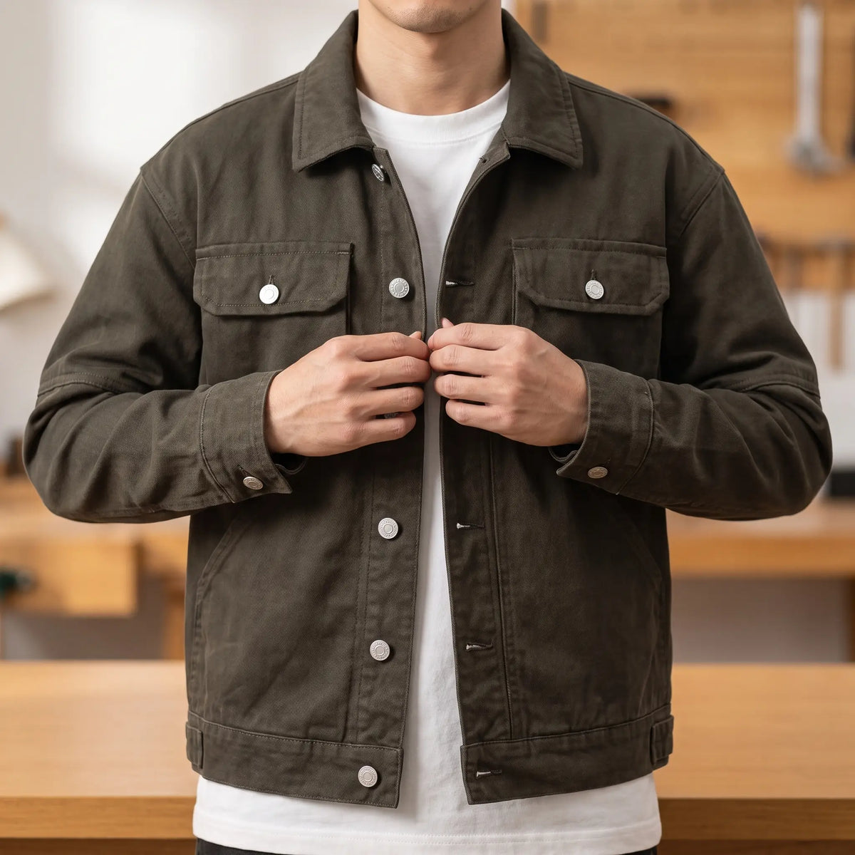 Man wearing the army green heavy canvas trucker jacket and buttoning the front