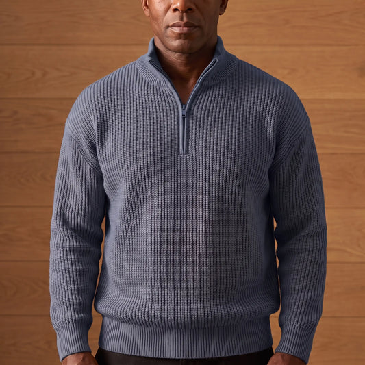 Blue heavy rib knit quarter zip sweater for men with a stand collar