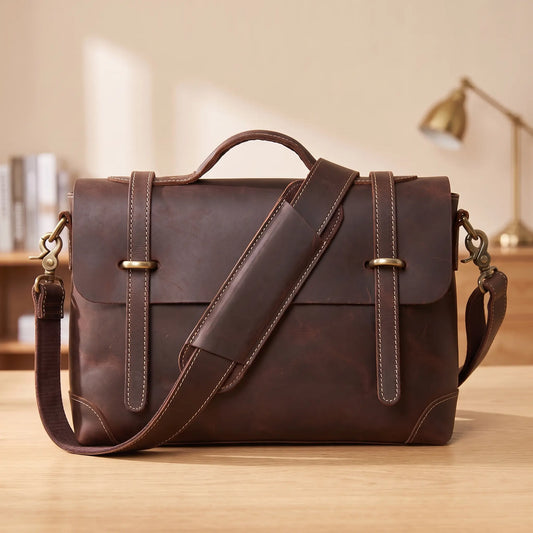 Heritage flap briefcase in dark brown genuine leather with brass ring strap loops and padded shoulder strap