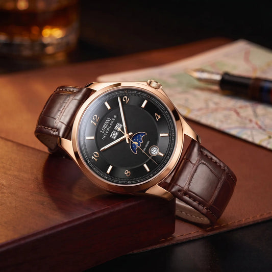 INTERLAKEN MOONPHASE WATCH Rose Gold Black Brown - men's automatic moon phase watch, rose gold case, black dial, brown leather strap