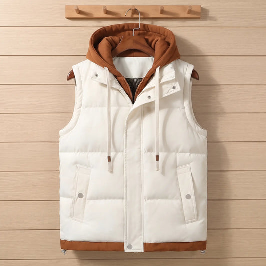 LAYERED HOOD VEST in beige, men's quilted padded vest with a rust brown fleece-lined hood