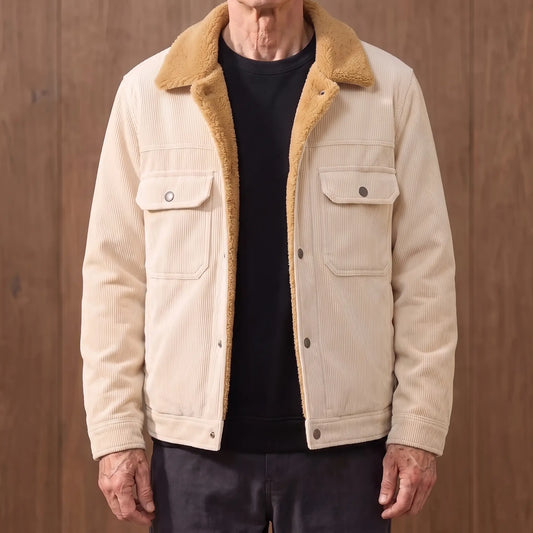 Cream lined corduroy jacket with sherpa collar worn open by an older man