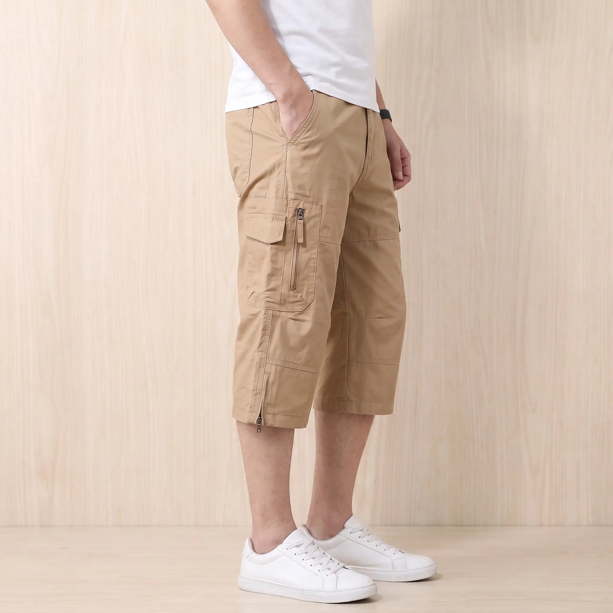 Long Cargo Shorts in Khaki worn, side view