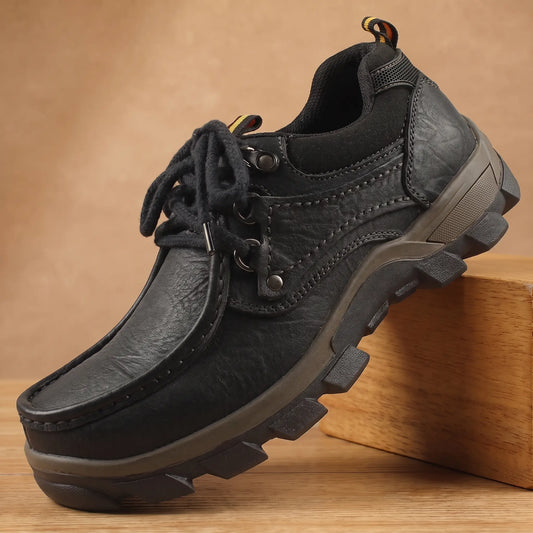 LUG SOLE SHOES in black, men's moc-toe lace-up walking shoe with hand stitching and a chunky lug sole