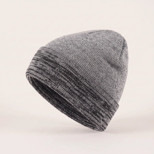 Men's grey marled cuffed beanie with charcoal striped cuff