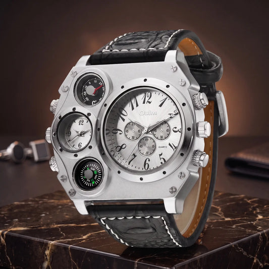Navigator compass watch with white dial and black leather strap
