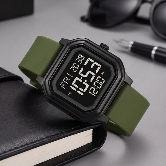 Men's octagon digital watch with black case, dark screen and army green silicone strap