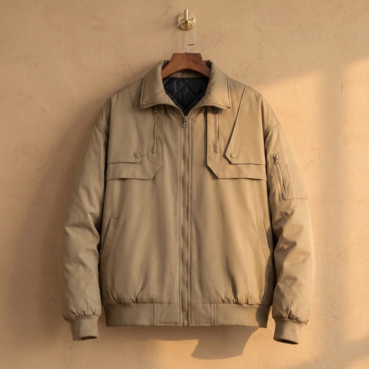 PADDED COLLAR JACKET in khaki, men's padded zip jacket with wide collar and snap chest flaps