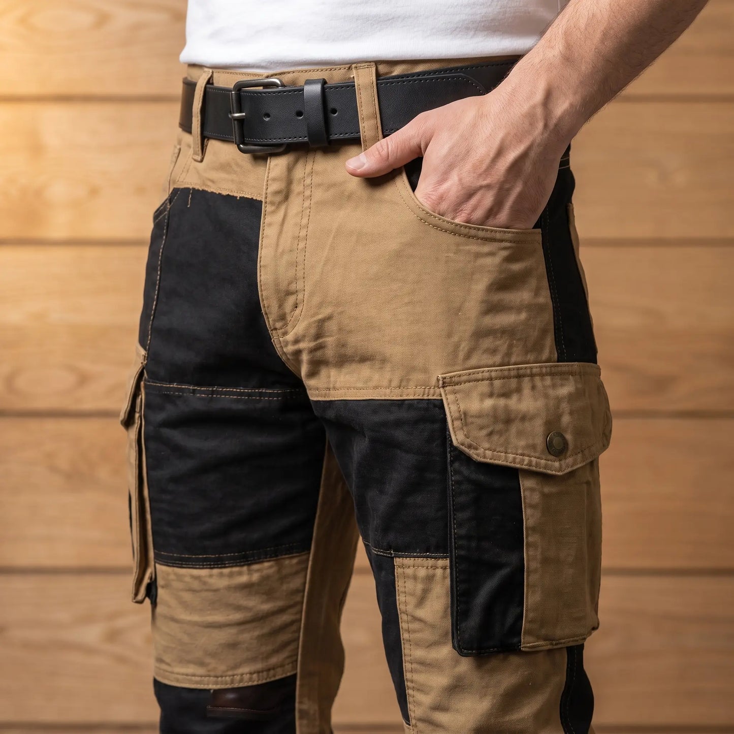 Man wearing the tan panel cargo trousers with a hand resting in the front pocket