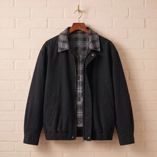PLAID PLACKET JACKET in black, men's twill zip jacket with grey plaid flannel collar and button placket