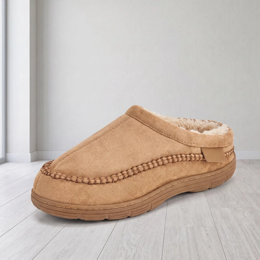 PLUSH CLOG SLIPPERS in khaki, men's backless clog slipper with stitched moccasin toe and warm plush lining