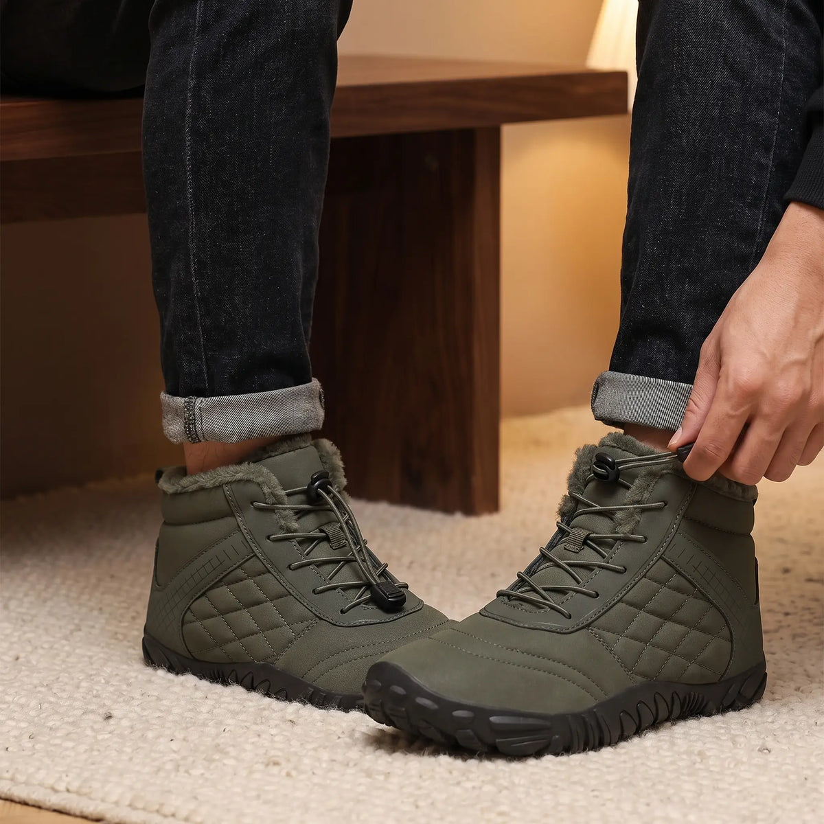 Man wearing green quilted snow boots, tightening the toggle laces