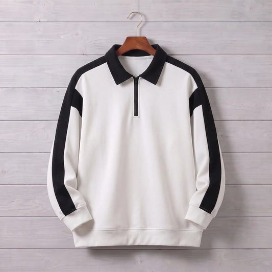 RETRO COLLAR SWEATSHIRT in white, men's polo-collar quarter-zip sweatshirt with black contrast sleeves