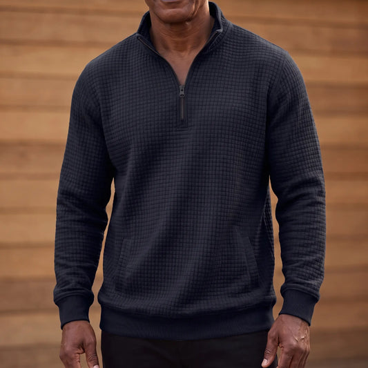 SOFT WAFFLE PULLOVER in navy blue, men's waffle-texture quarter-zip pullover with a stand collar