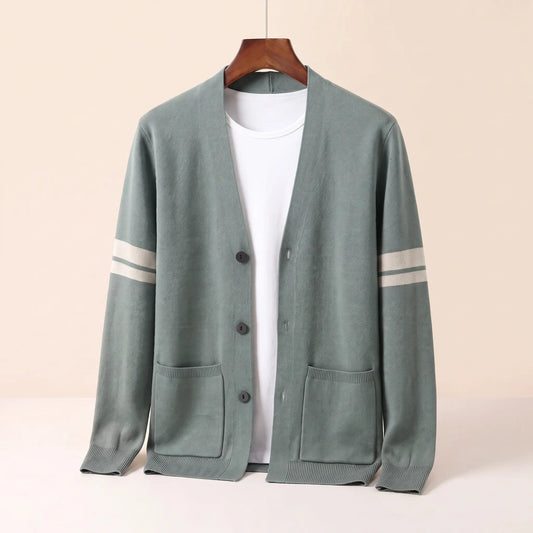Men's green striped V-neck knit cardigan with three buttons, patch pockets and cream sleeve stripes