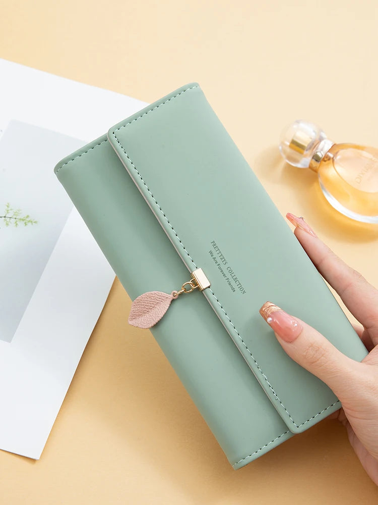 Leather Leaf Pendant Tri-Fold Wallet