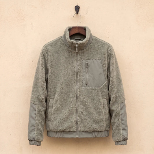 TEDDY FLEECE JACKET in gray, men's sherpa fleece full-zip jacket with nylon panels