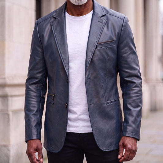Navy men's leather-look two-button blazer with topstitched notch lapels, worn open over a white tee