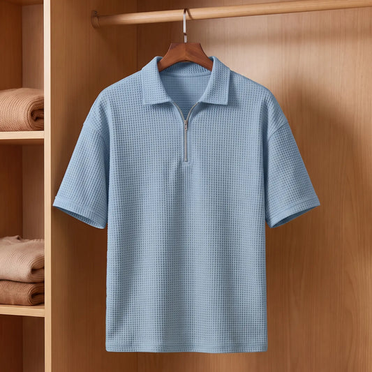Waffle Zip Polo in Blue
