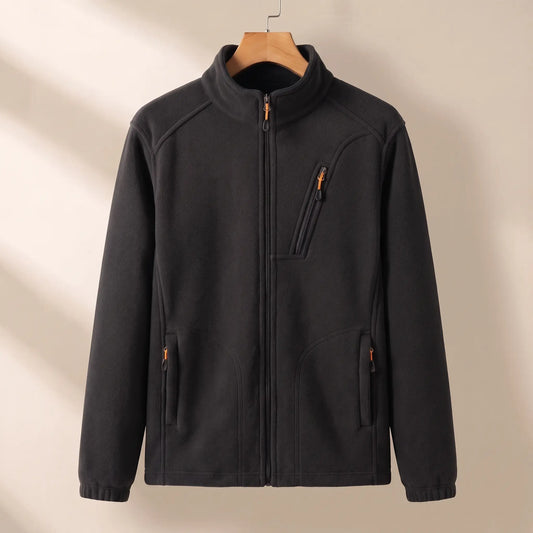 WARM LINED FLEECE in black, men's plush-lined polar fleece zip jacket with stand collar