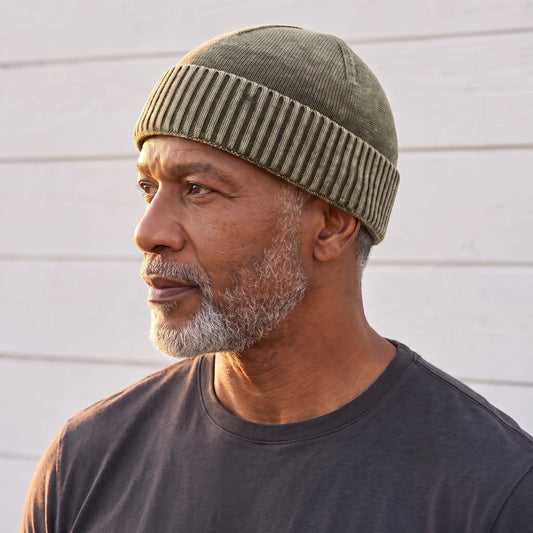 Khaki washed knit beanie for men with a deep ribbed turn-up cuff