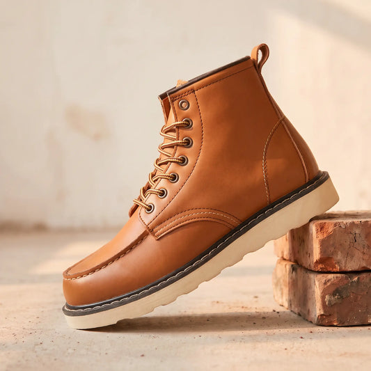 Brown waterproof leather boots for men, moc-toe lace-up work boot with cream wedge sole
