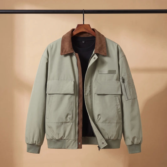 WEEKEND WORK JACKET in army green, men's light work jacket with brown corduroy collar and flap chest pockets