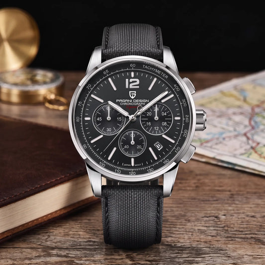 WOVEN STRAP CHRONOGRAPH Silver Black - men's chronograph watch, silver case, black dial, black woven strap
