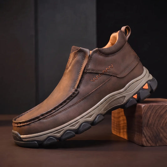 Apron Toe Shoes for men in dark brown, laceless leather slip-on with padded collar