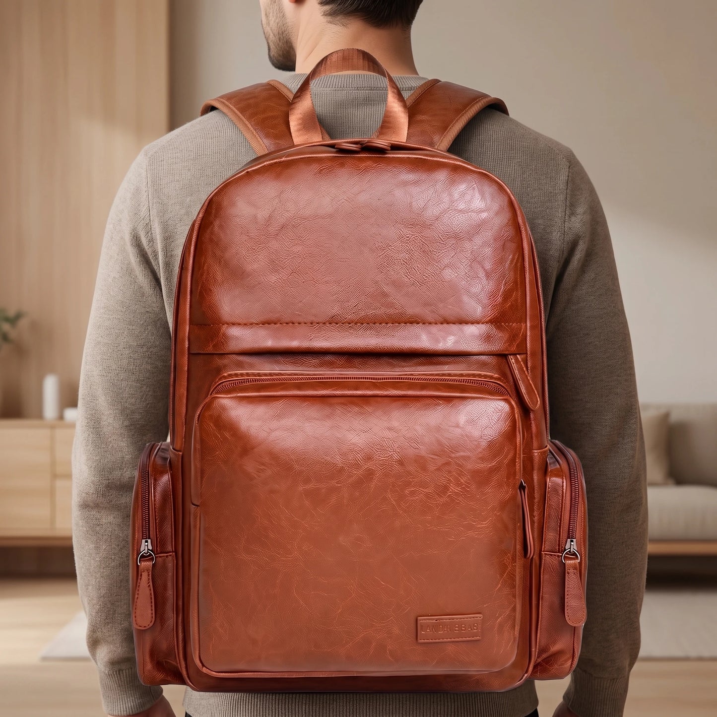 Man wearing khaki commuter backpack on his back