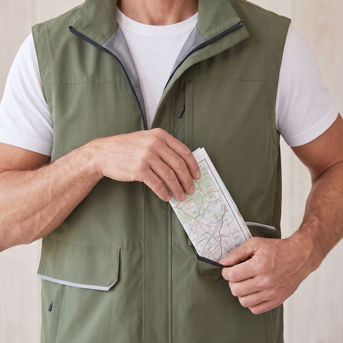 MESH LINED VEST Army Green worn sliding a map into the front pocket
