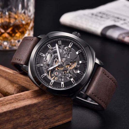 Exposed Gear Watch with black case and brown leather strap