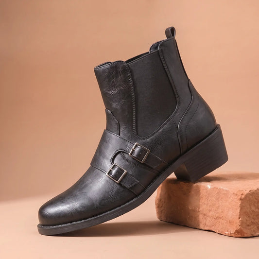 Grained Finish Boots in black, a western style slip-on ankle boot with two buckle straps and a stacked heel