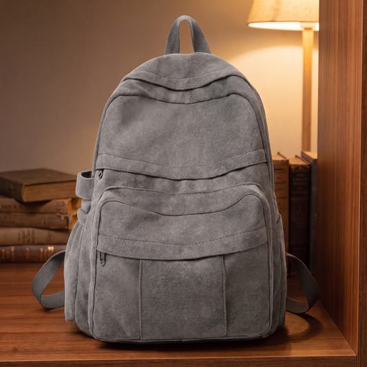 Retro Campus Backpack in grey - vintage suede-look school backpack with multiple pockets